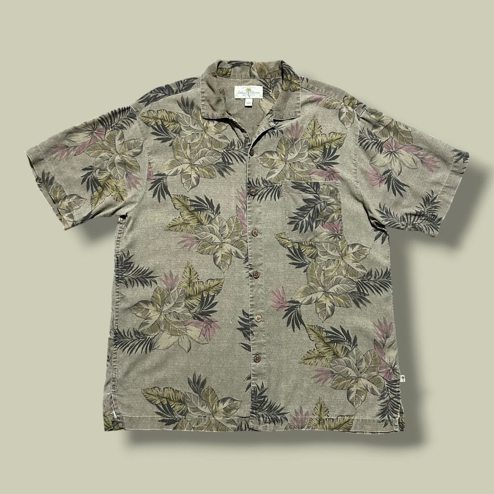 Vintage Silk Hawaiian Shirt Leaf Print Camp Collar Aloha Brown Mens Large